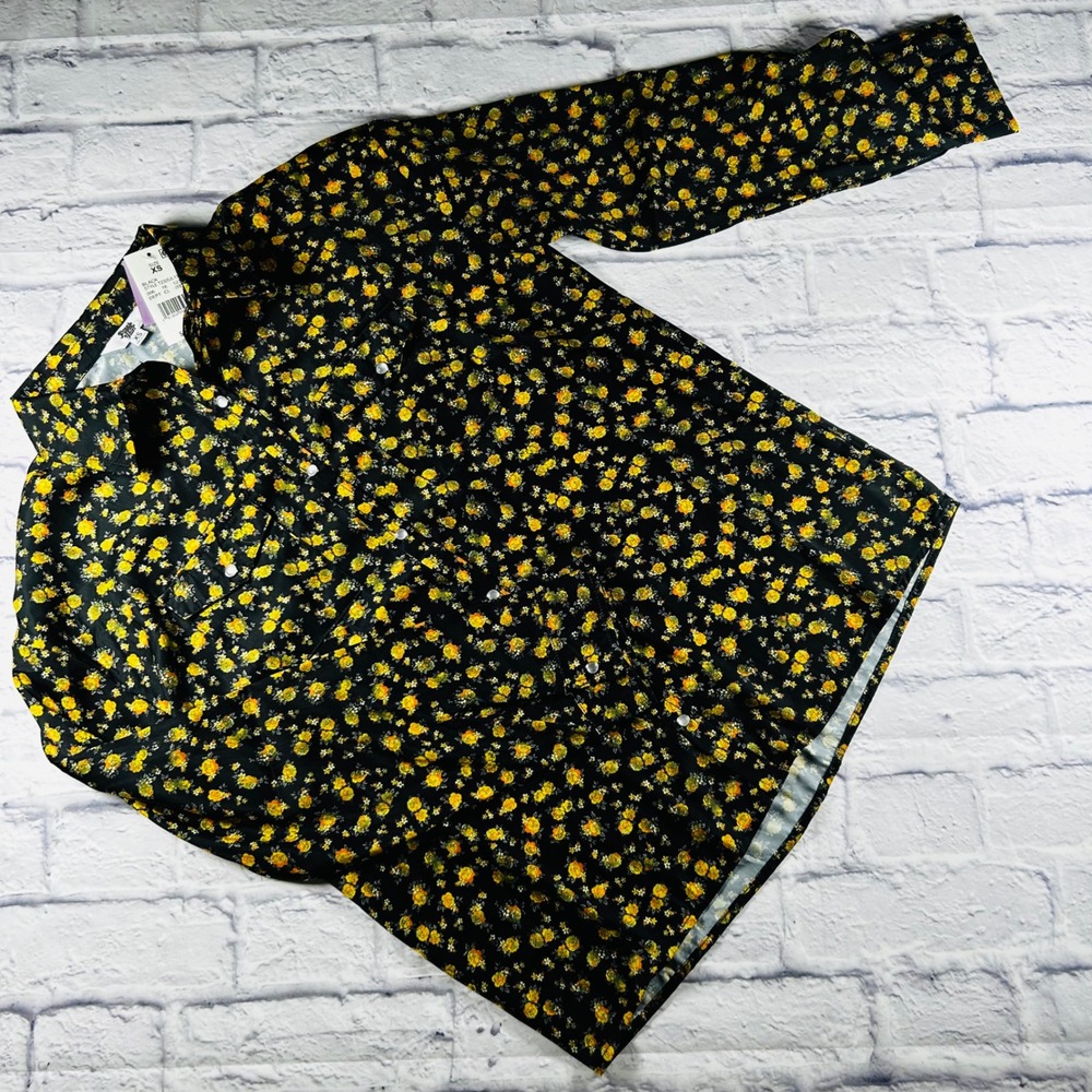 Ascot‎ and Hart Womens XS Black Yellow Floral Pearl Snap Button Up Shirt NWT
